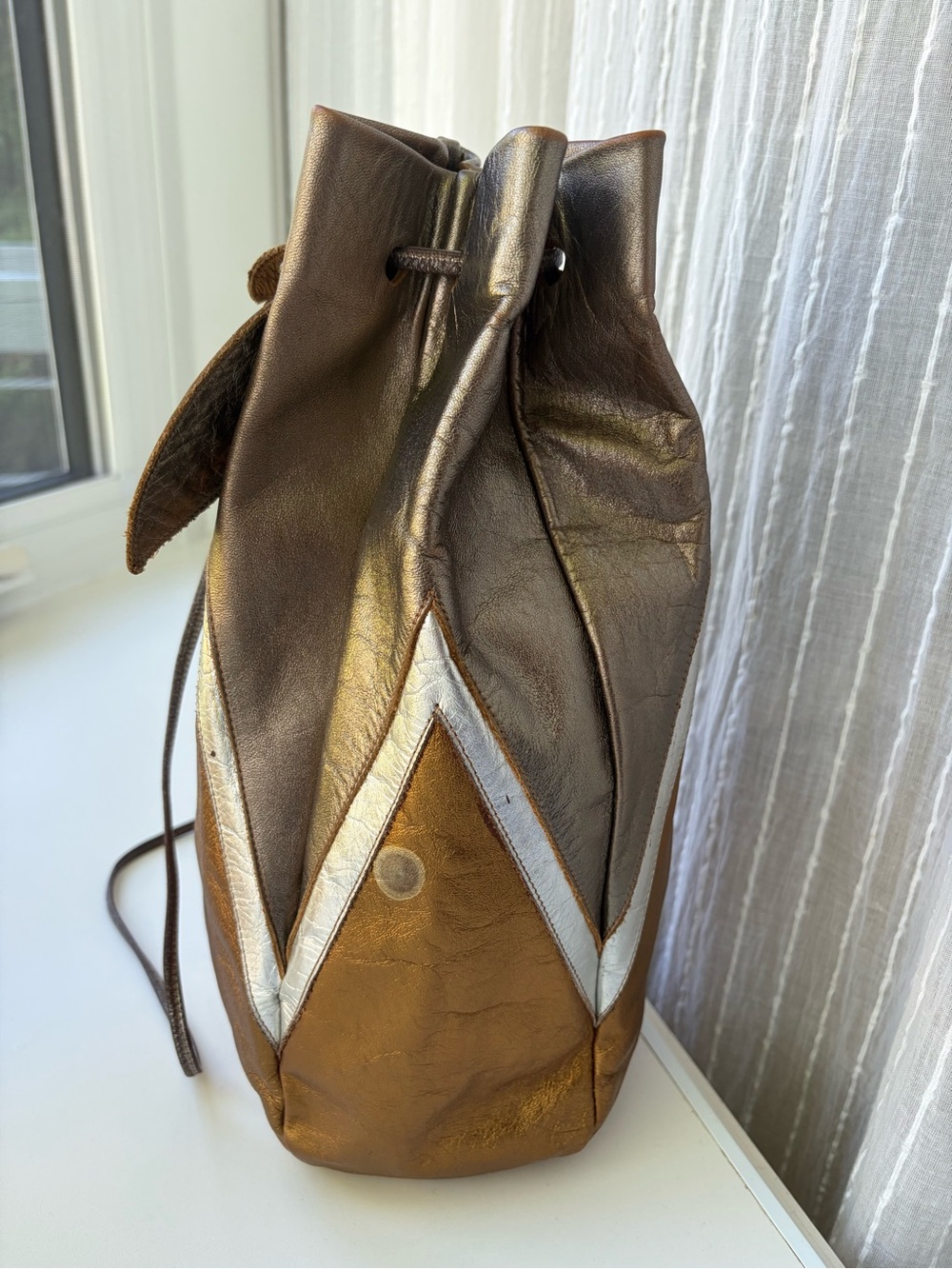 Vtg Holt Renfrew Metallic Leather Bucket Bag Italy Drawstring Patchwork 35" Y2K - Picture 5 of 13